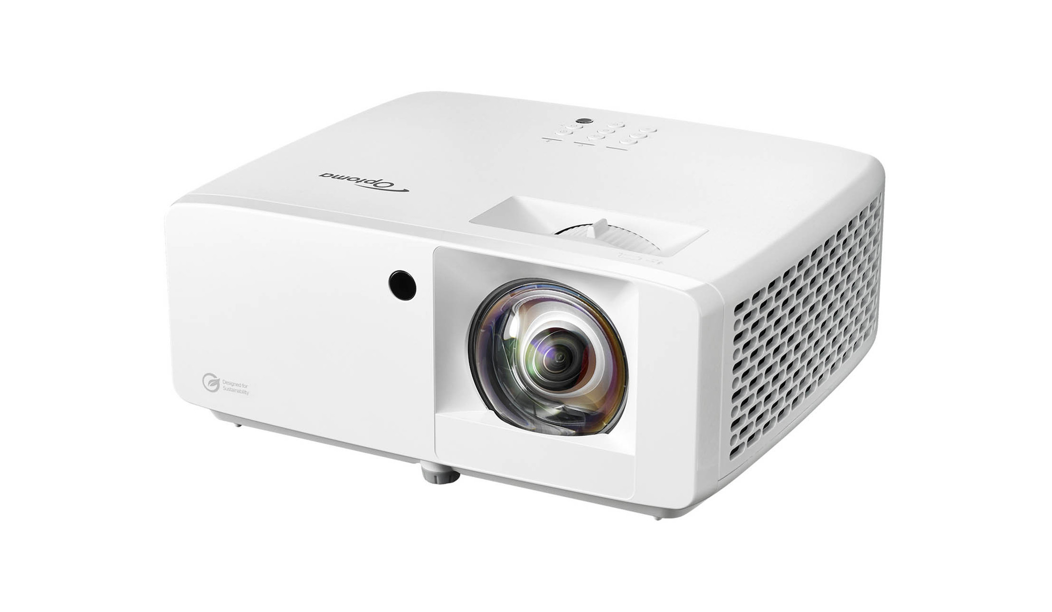 Optoma ZK431ST 4K UHD Laser Kurzdistanzbeamer in Weiß, Schrägansicht von rechts mit Objektiv und Bedientasten