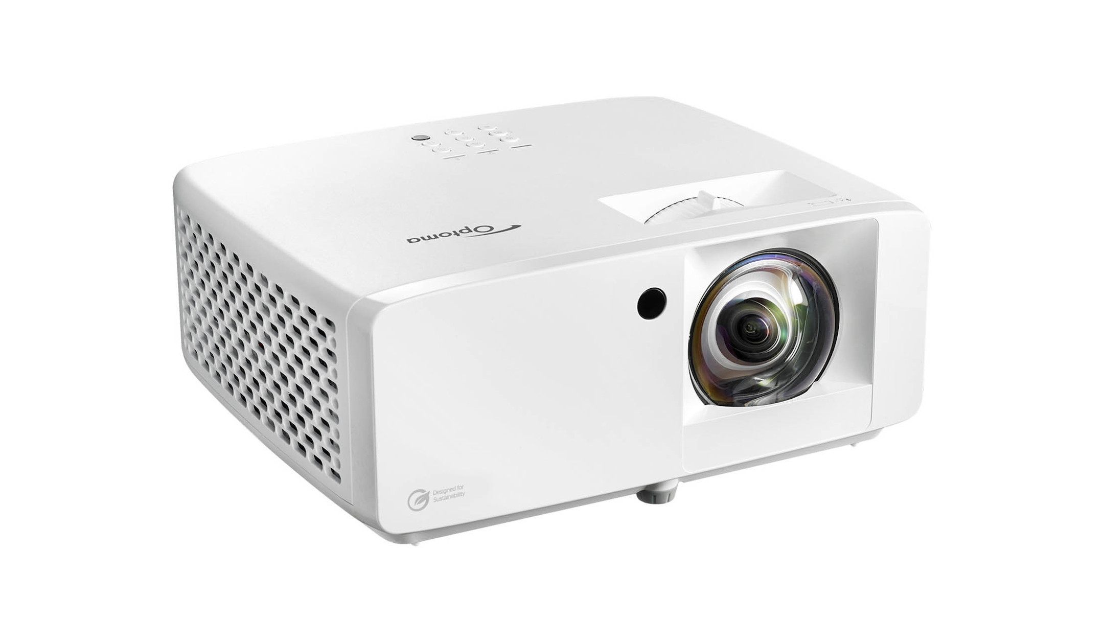 Optoma ZK431ST 4K UHD Laser Kurzdistanzbeamer in Weiß, Schrägansicht von links mit seitlichen Lüftungsschlitzen