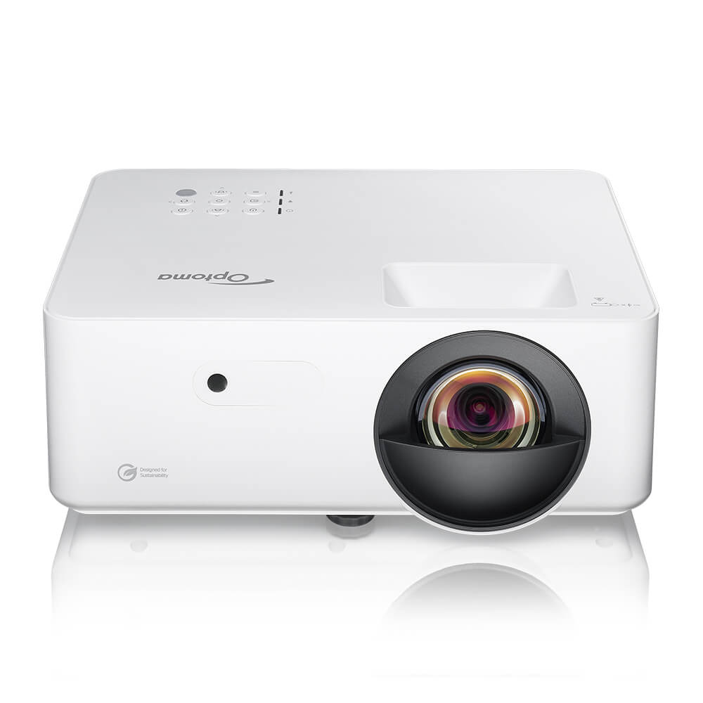 Optoma LW351ST von vorne oben, mit Bedientasten und Objektiv